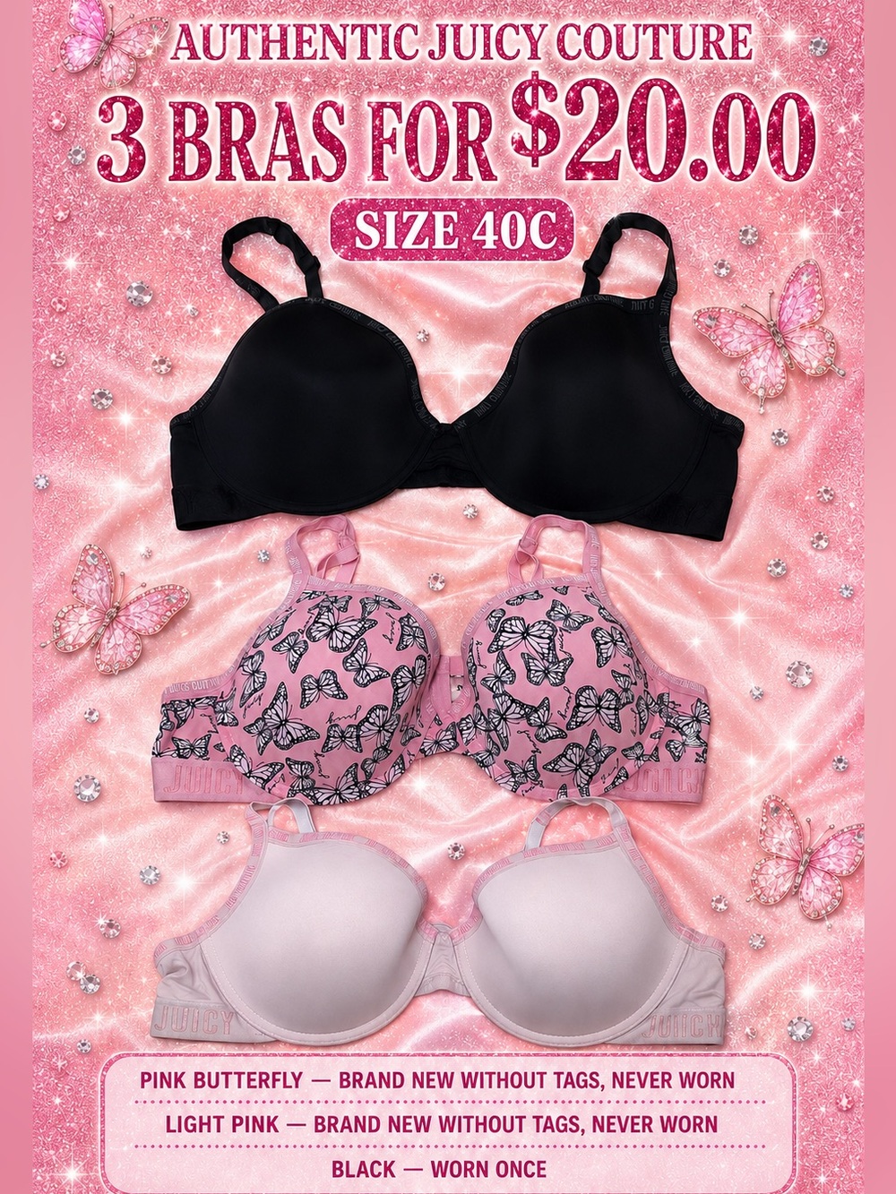 Juicy Couture 3-Pack Bra Set in Black, Pink Butterfly & Light Pink